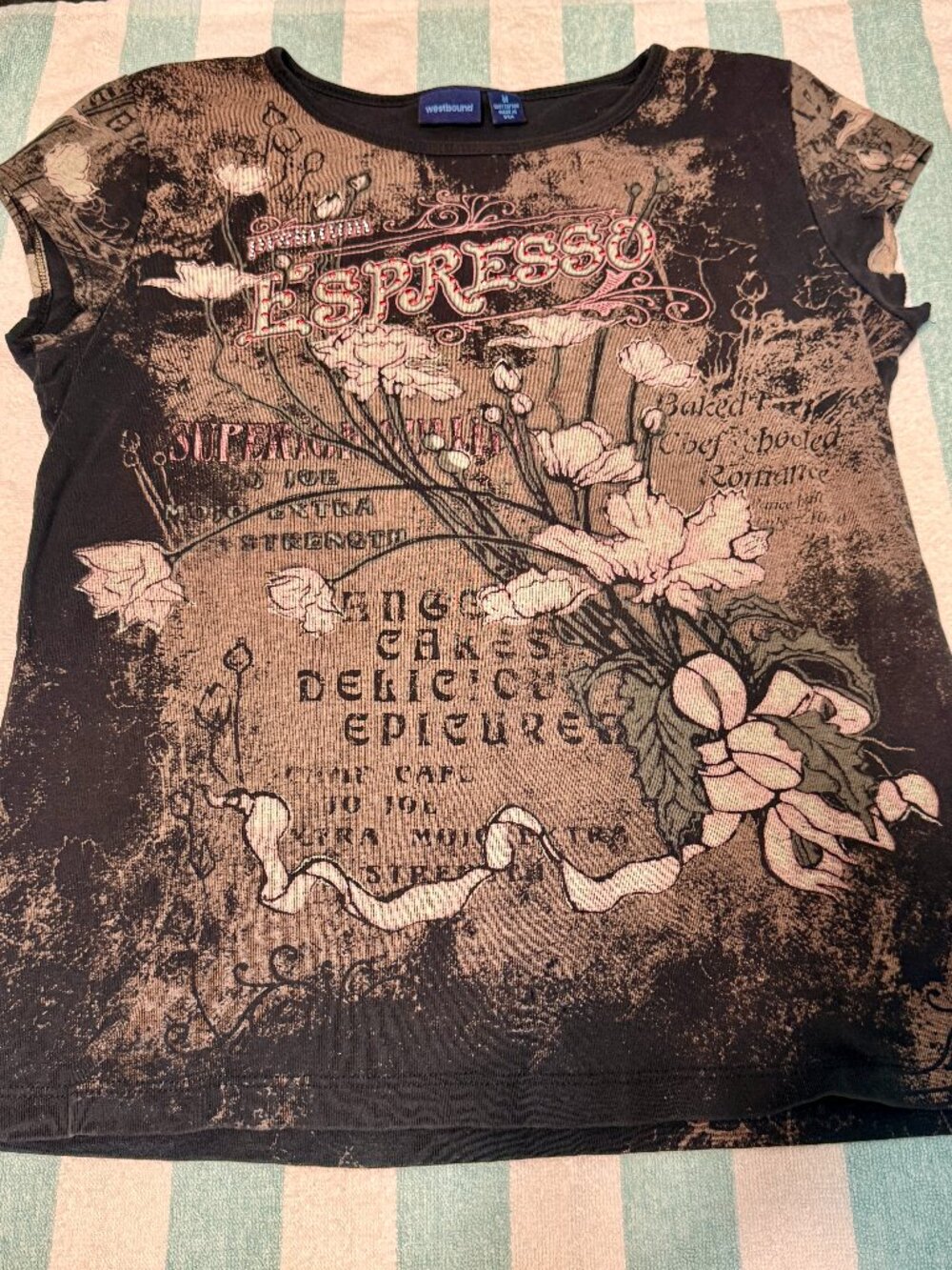 Westbound Expresso Embellished Tee Shirt with Cap Sleeve - Size M